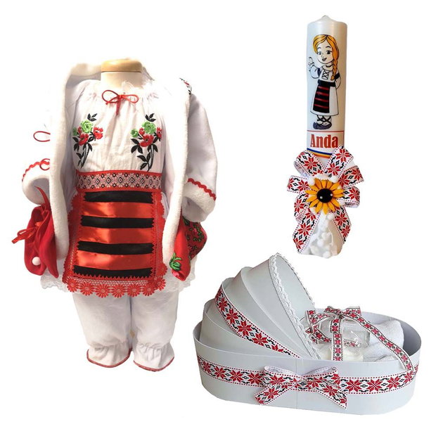 Set costum botez traditional fetita, trusou si lumanare personalizata, decor traditional popular, set botez national, lumanare personalizata cu nume