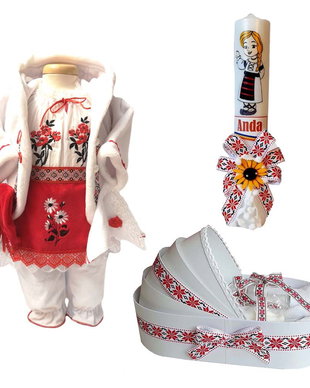 Set costum botez traditional fetita, trusou si lumanare personalizata, decor traditional popular, set botez national, lumanare personalizata cu nume