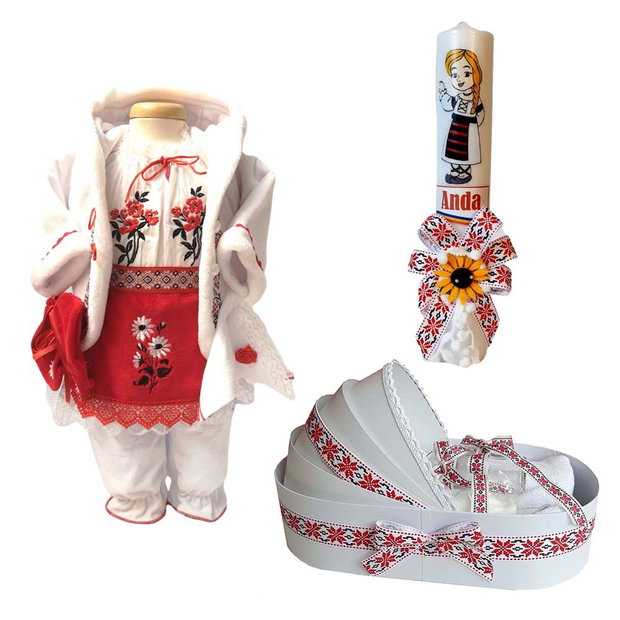 Set costum botez traditional fetita, trusou si lumanare personalizata, decor traditional popular, set botez national, lumanare personalizata cu nume