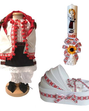 Set costum botez traditional fetita, trusou si lumanare personalizata, decor traditional popular, set botez national, lumanare personalizata cu nume