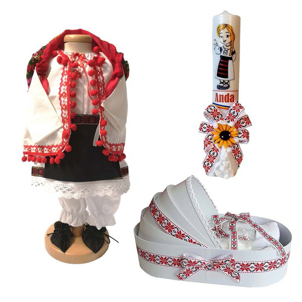 Set costum botez traditional fetita, trusou si lumanare personalizata, decor traditional popular, set botez national, lumanare personalizata cu nume
