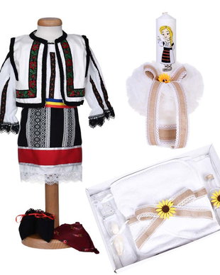 Set hainute botez traditional fetita, trusou si lumanare, decor traditional popular, set botez cu motive nationale, set botez national