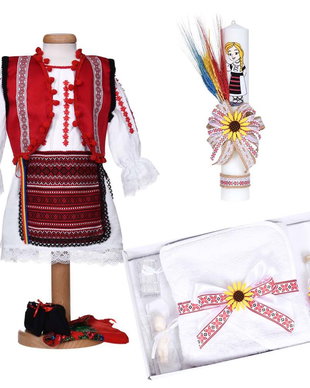Set hainute botez traditional fetita, trusou si lumanare, decor traditional popular, set botez cu motive nationale, set botez national