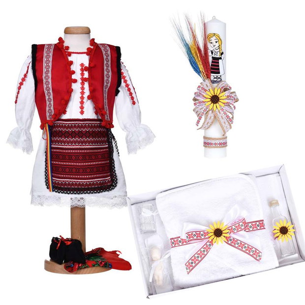 Set hainute botez traditional fetita, trusou si lumanare, decor traditional popular, set botez cu motive nationale, set botez national