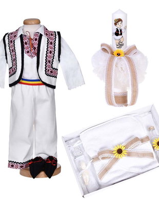 Set hainute botez traditional baietel, trusou si lumanare, decor traditional popular, set botez cu motive nationale, set botez national