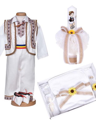 Set hainute botez traditional baiat, trusou si lumanare, decor traditional popular, set botez cu motive nationale, set botez national