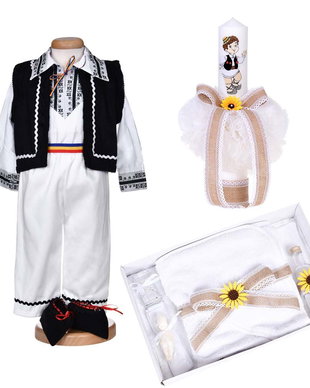 Set hainute botez traditional baiat, trusou si lumanare, decor traditional popular, set botez cu motive nationale, set botez national