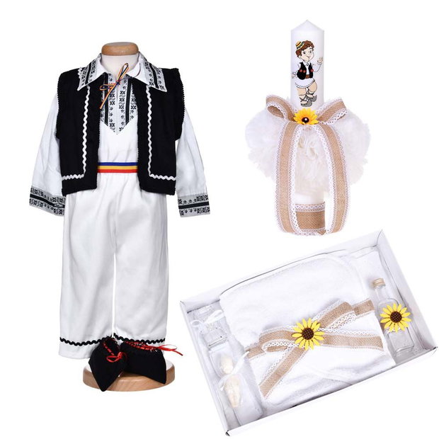 Set hainute botez traditional baiat, trusou si lumanare, decor traditional popular, set botez cu motive nationale, set botez national