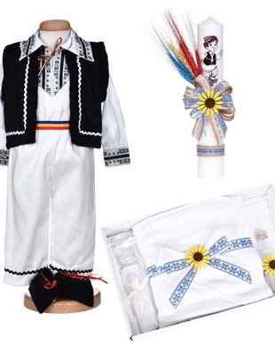 Set hainute botez traditional baiat, trusou si lumanare, decor traditional popular, set botez cu motive nationale, set botez national