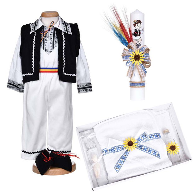 Set hainute botez traditional baiat, trusou si lumanare, decor traditional popular, set botez cu motive nationale, set botez national