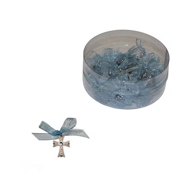 Cruciulite botez baiat dantelate bleu si cutie cadou, set 30 cruciulite decorate funda bleu