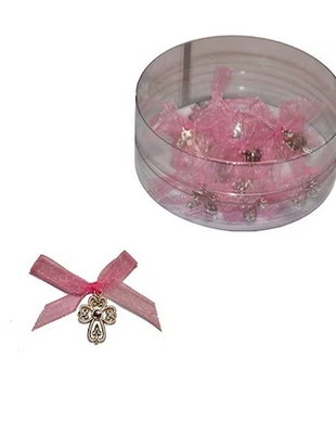 Cruciulite botez dantelate roz si cutie cadou, set 30 cruciulite decorate fundite roz