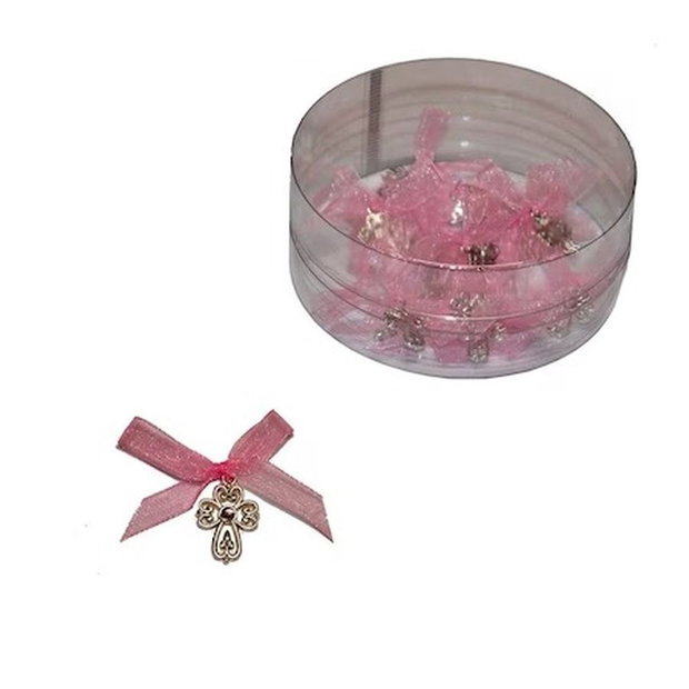 Cruciulite botez dantelate roz si cutie cadou, set 30 cruciulite decorate fundite roz
