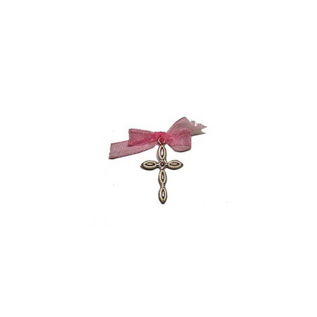 Cruciulite botez fetita dantelate roz si cutie cadou, set 50 cruciulite decorate funda roz