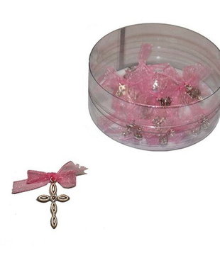 Cruciulite botez fata roz si cutie cadou, set 30 cruciulite decorate fundite roz