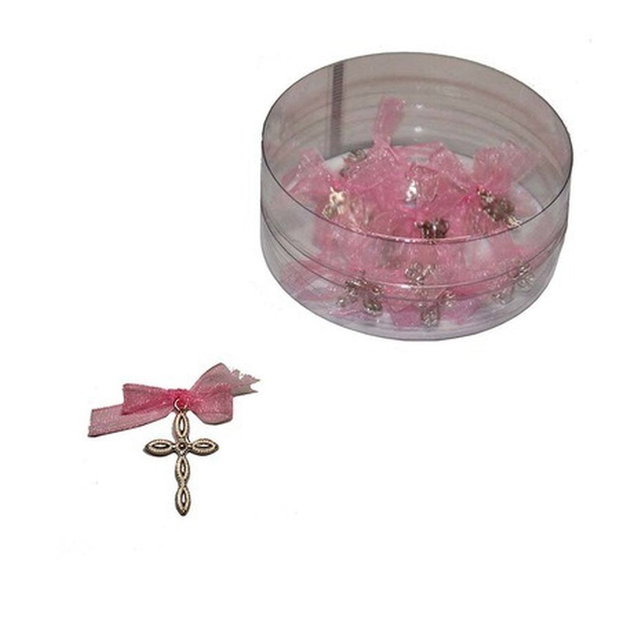 Cruciulite botez fata roz si cutie cadou, set 30 cruciulite decorate fundite roz