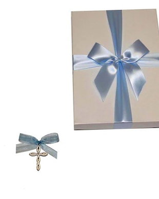 Cruciulite botez bleu pentru baiat si cutie cadou, set 50 cruciulite botez decorate