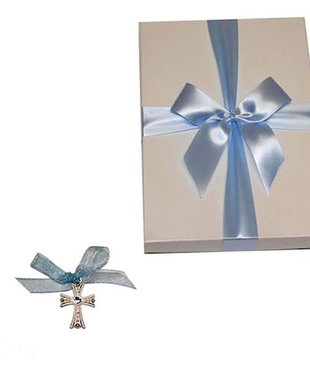 Cruciulite botez bleu baiat si cutie cadou, set 50 cruciulite botez decorate