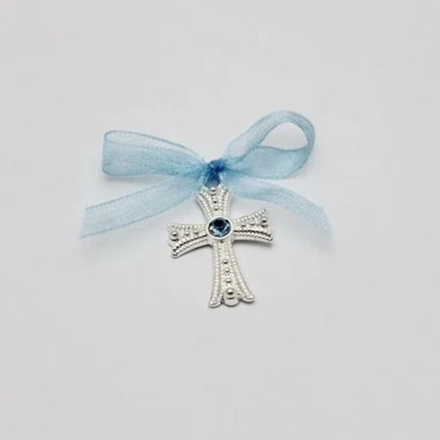 Cruciulite botez bleu baiat si cutie cadou, set 50 cruciulite botez decorate
