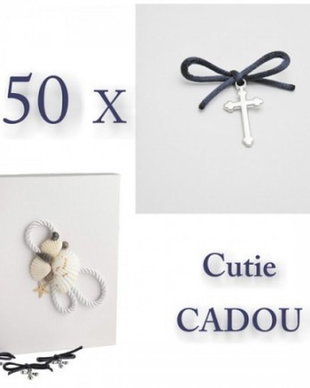 Cruciulite botez bleumarine pentru baiat si cutie cadou tema marina, set 50 cruciulite botez decorate fundite bleumarine