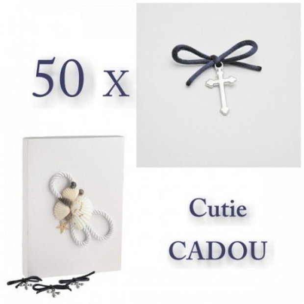 Cruciulite botez bleumarine pentru baiat si cutie cadou tema marina, set 50 cruciulite botez decorate fundite bleumarine