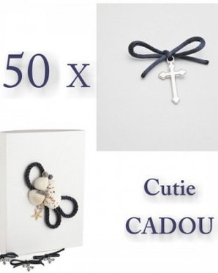 Cruciulite botez bleumarine baiat si cutie cadou tema marina, set 50 cruciulite botez decorate fundite bleumarine