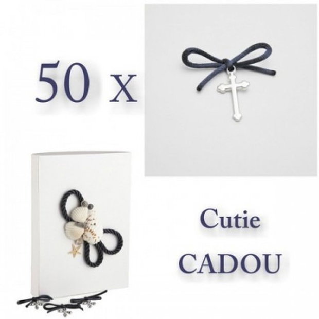 Cruciulite botez bleumarine baiat si cutie cadou tema marina, set 50 cruciulite botez decorate fundite bleumarine