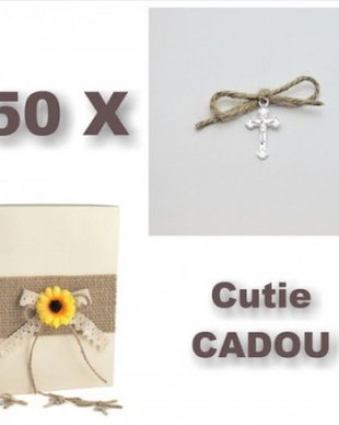 Cruciulite botez si cutie cadou, tema rustica traditionala, set 50 cruciulite botez decorate traditional cu iuta