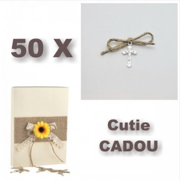 Cruciulite botez si cutie cadou, tema rustica traditionala, set 50 cruciulite botez decorate traditional cu iuta