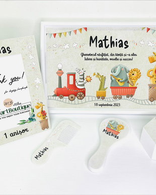 Set aniversar personalizat 1 anisor - Orchestra animalutelor - Tavita mot si accesorii