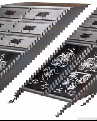 Dulap industrial din metal gri inchis cu sase sertare si doua dulapuri