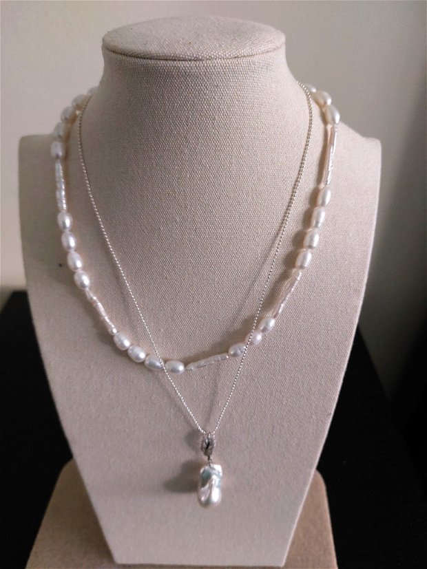colier perle si lantisor cu pandantiv perla baroc 16x25mm, cutiuță bijuterii cadou