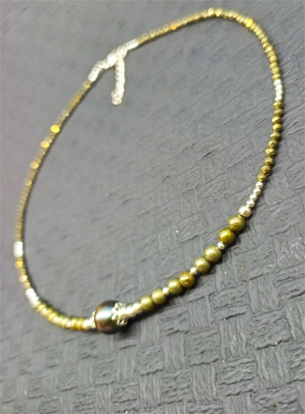 Colier argint perla naturala de cultura pirita minimalist boho chic trendy wearable - Transport gratuit