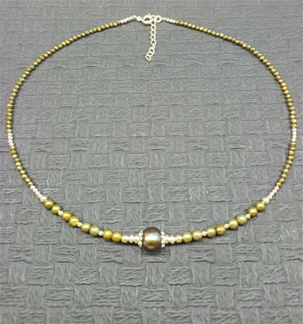Colier argint perla naturala de cultura pirita minimalist boho chic trendy wearable - Transport gratuit