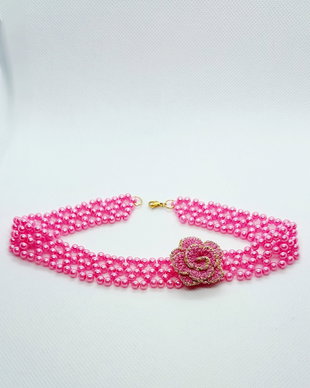 Colier tip choker din perle de sticla  roz