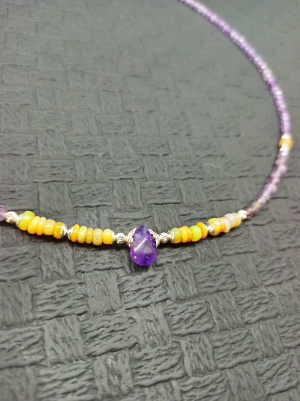 Colier argint opal de foc etiopian ametist picatura heishi disc minimalist boho chic trendy wearable - Transport gratuit