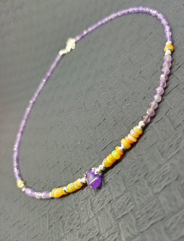 Colier argint opal de foc etiopian ametist picatura heishi disc minimalist boho chic trendy wearable - Transport gratuit
