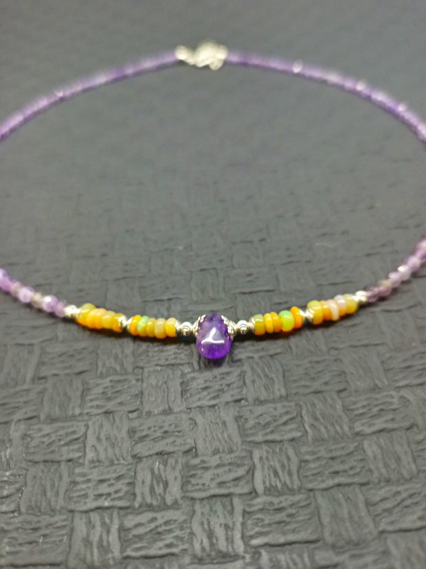 Colier argint opal de foc etiopian ametist picatura heishi disc minimalist boho chic trendy wearable - Transport gratuit