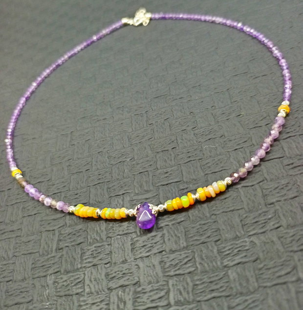 Colier argint opal de foc etiopian ametist picatura heishi disc minimalist boho chic trendy wearable - Transport gratuit