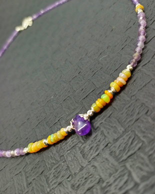 Colier argint opal de foc etiopian ametist picatura heishi disc minimalist boho chic trendy wearable - Transport gratuit