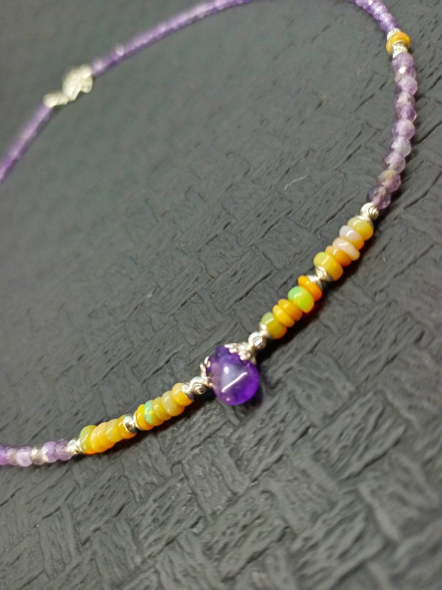 Colier argint opal de foc etiopian ametist picatura heishi disc minimalist boho chic trendy wearable - Transport gratuit