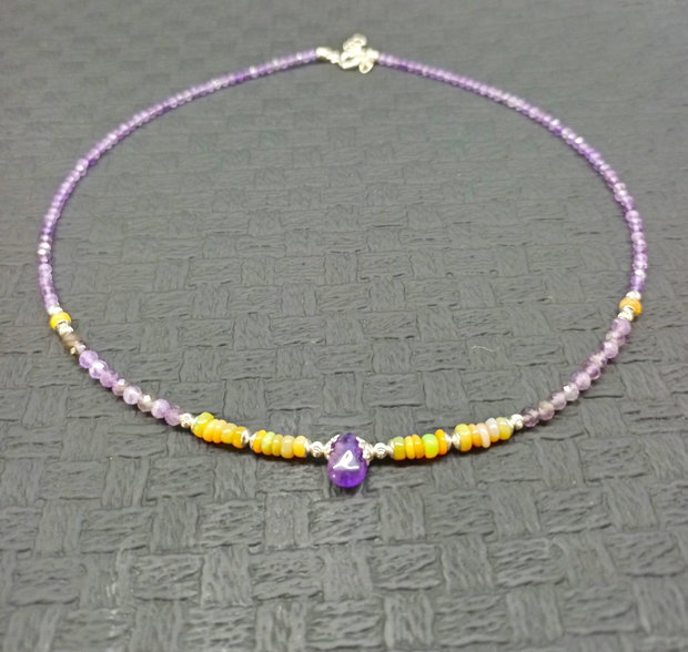 Colier argint opal de foc etiopian ametist picatura heishi disc minimalist boho chic trendy wearable - Transport gratuit