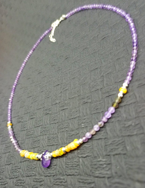 Colier argint opal de foc etiopian ametist picatura heishi disc minimalist boho chic trendy wearable - Transport gratuit