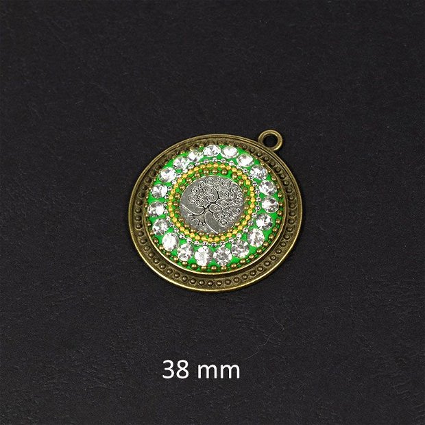 Pandantiv aliaj, alama,  cristale  de  sticla  fatetate, design etnic- "Copacul  Vieții "-38 mm DS-391