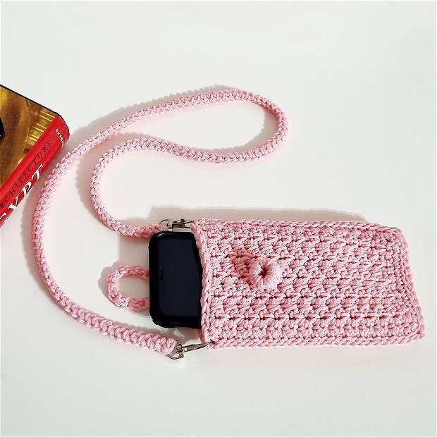 Pouch Crosetat Roz - pentru telefon sau accesorii