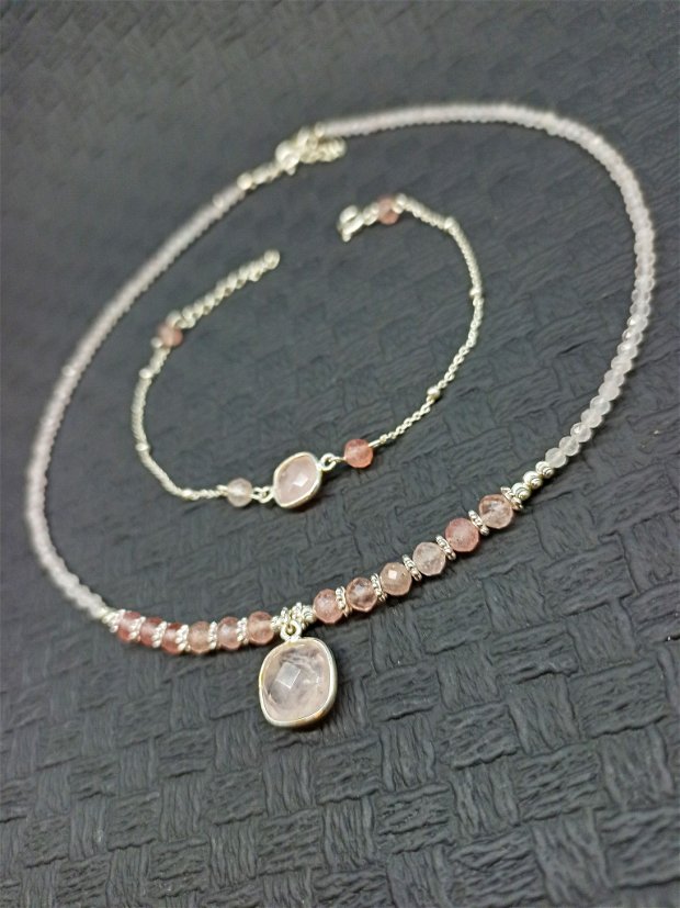 Set argint cuart roz cherry colier bratara charm minimalist trendy clasic cadou lant argint - Transport gratuit