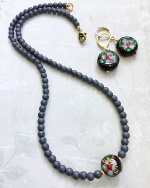 Set CHOKER hematit gri mat & Cloisonne