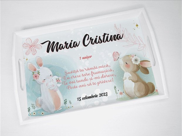 Set aniversar personalizat 1 anisor - Cute bunnies - Tavita turta si accesorii