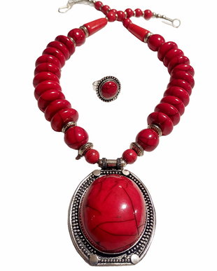 Set fashion rosu, colier masiv si inel, 3553