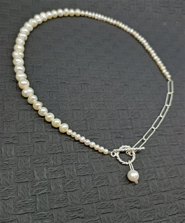 Colier argint perle de cultura naturale lant argint gradient asimetric romantic clasic trendy -Transport gratuit
